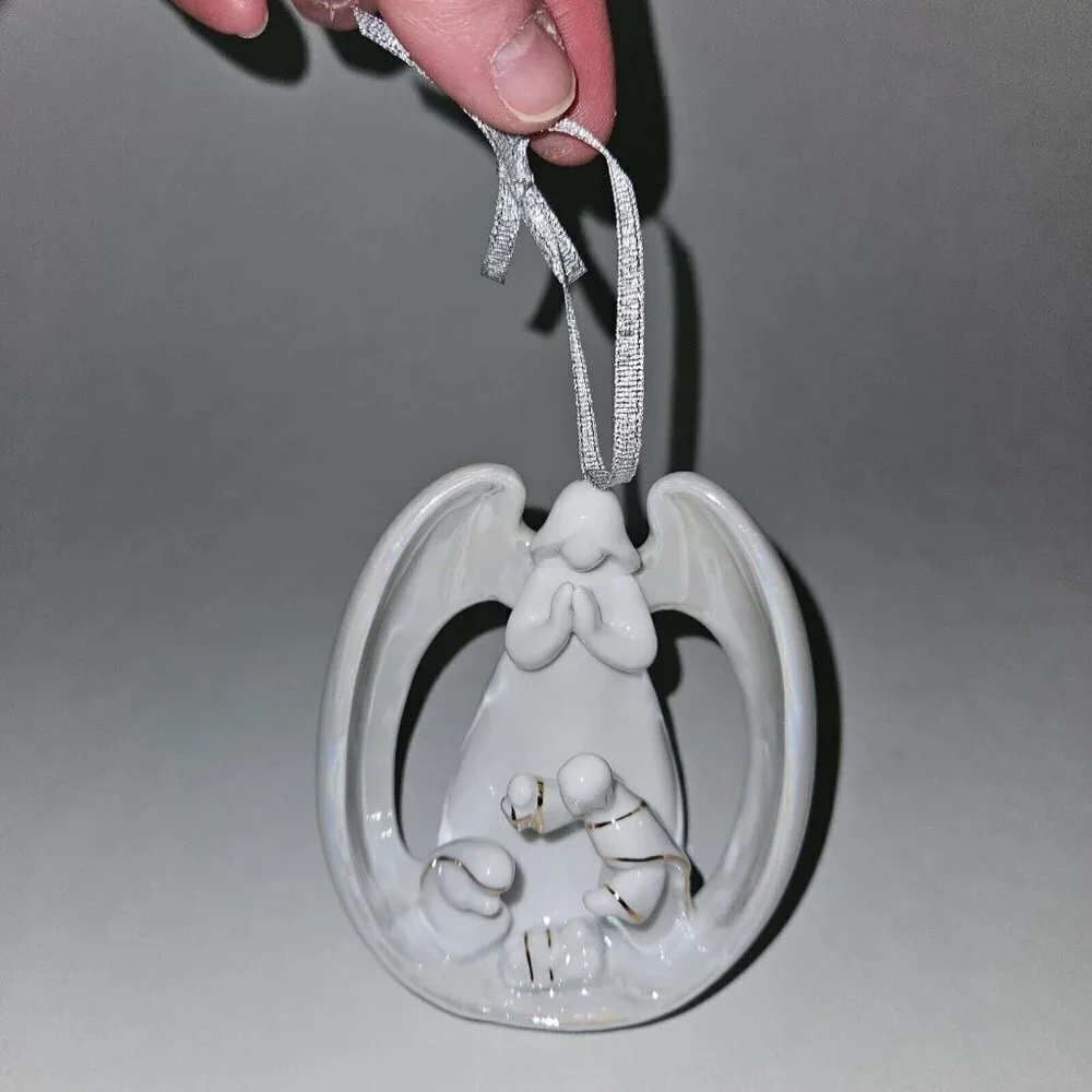 Appletree Design Angel & Holy Family Ornament Porcelain Gold Nativity Jesus Mary